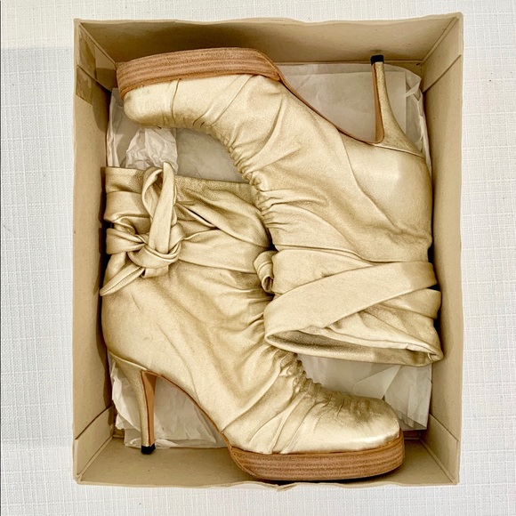 INSANE RICK OWENS GOLD ANKLE WRAP PLATFORM BOOTS - Picture 2 of 5